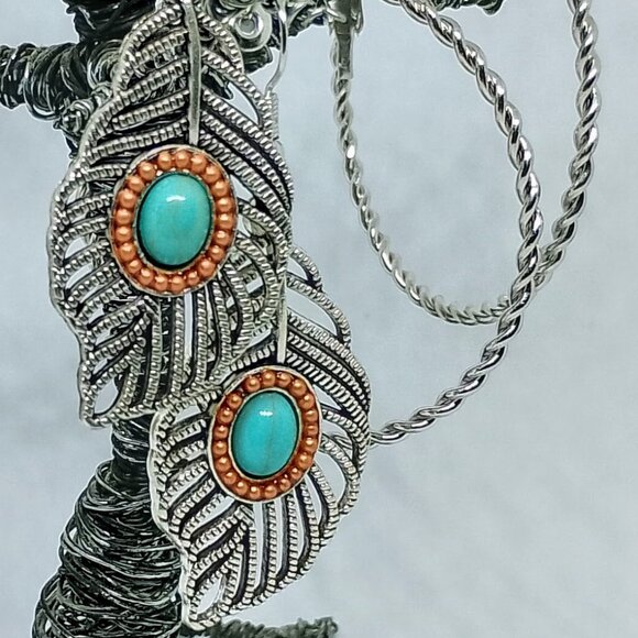 SALE! 3 PAIRS BOHO EARRINGS, Silvery, Faux Turquoise BLUE BUNNY'S BOHO BAUBLES - Picture 4 of 9